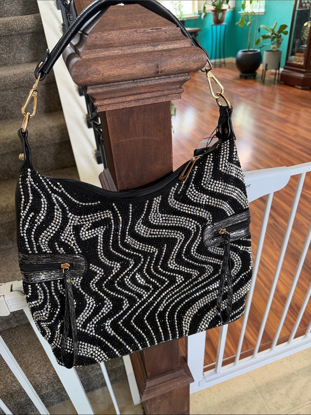 Black Rhinestone Patterned Shoulder Bag